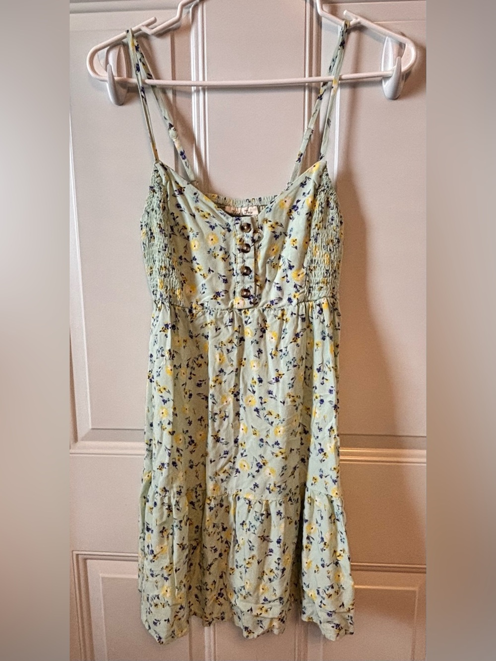 Smocked Pale Green Floral Mini Dress with Yellow Blossoms